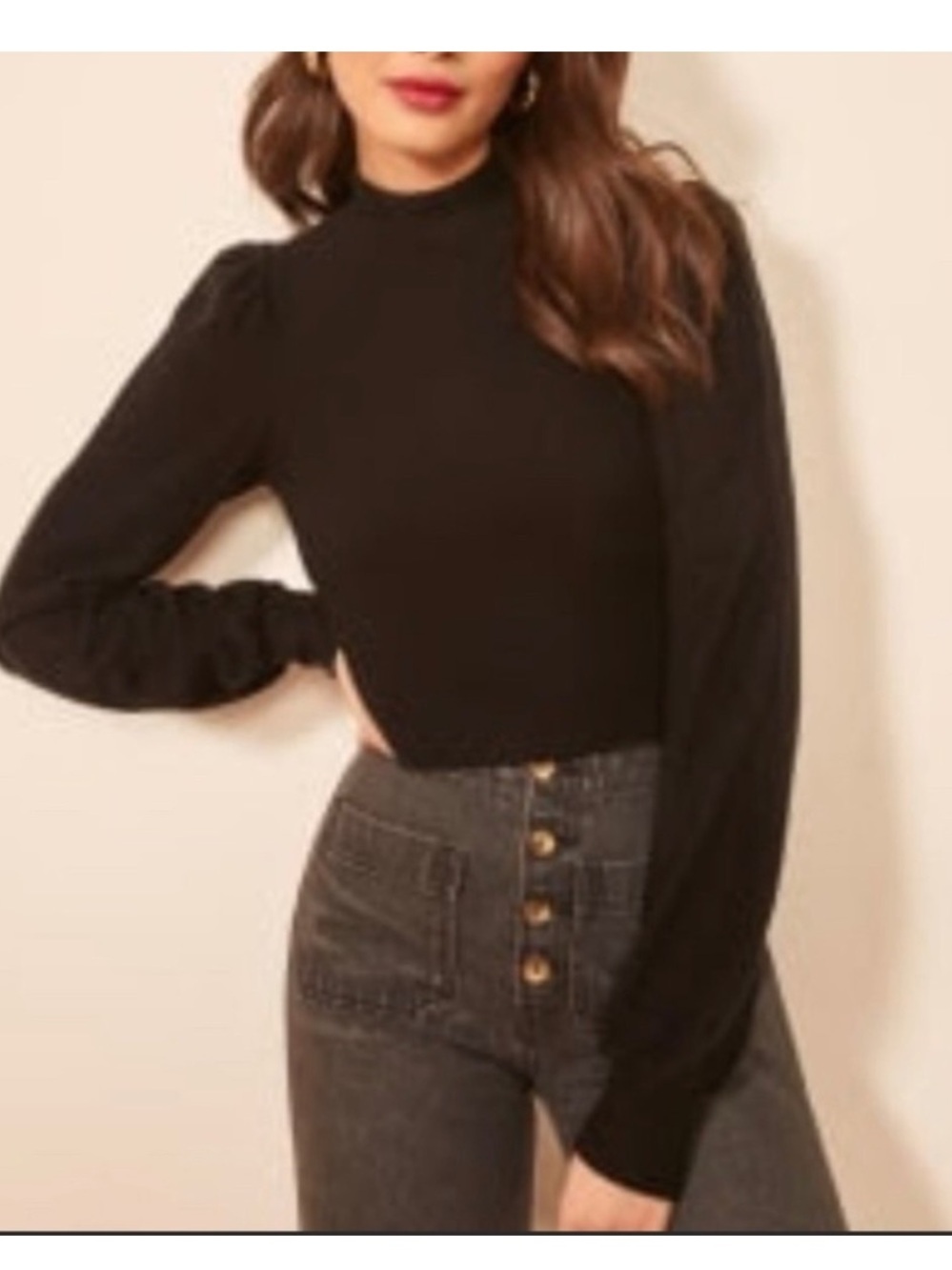 Reformation Black Mock Neck Long Puff Sleeve Cropped Sweater Super Soft Small